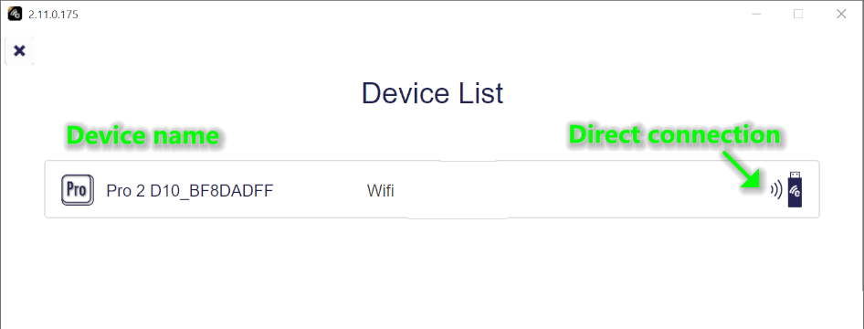 In the EZCast Pro software an available EZCast Pro device via direct Wi-Fi connection is indicated by a dongle icon on the right side